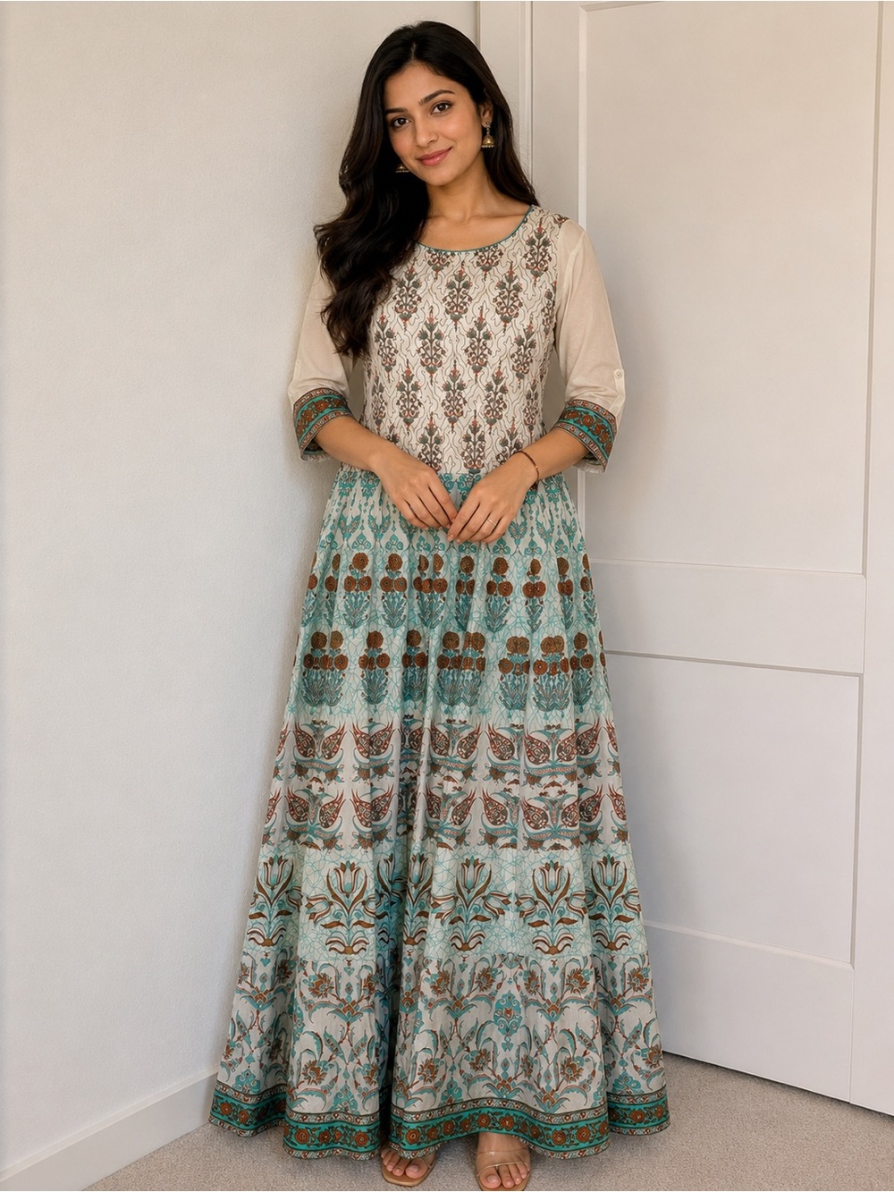Elegant Cream and Teal Floral Maxi Dress
